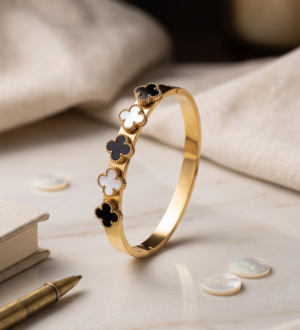 Modern Elegance Dual Tone Clover Motif Stainless Steel Kada