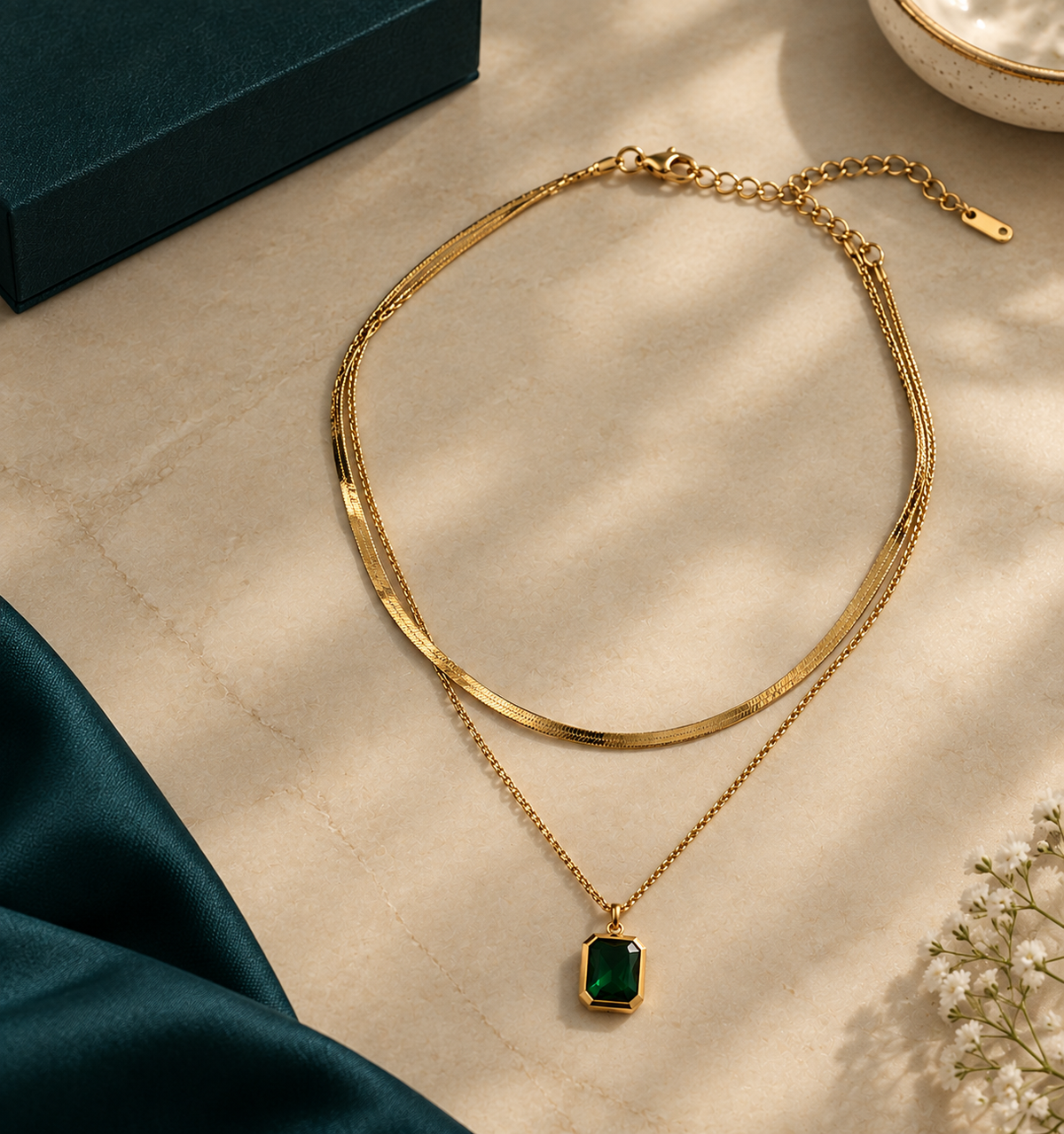 Emerald Layered Gold Necklace