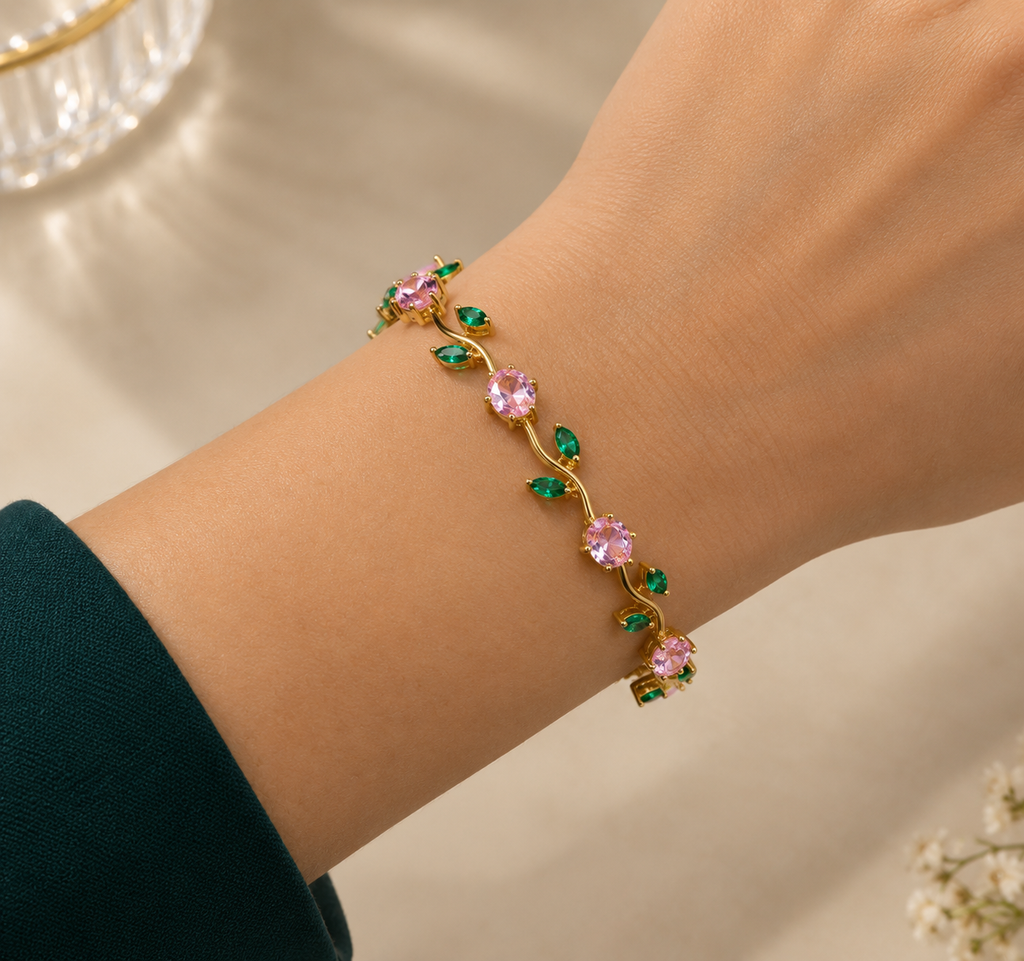 Golden Pink Tulip & Green Leaf Bracelet