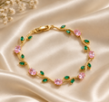 Golden Pink Tulip & Green Leaf Bracelet