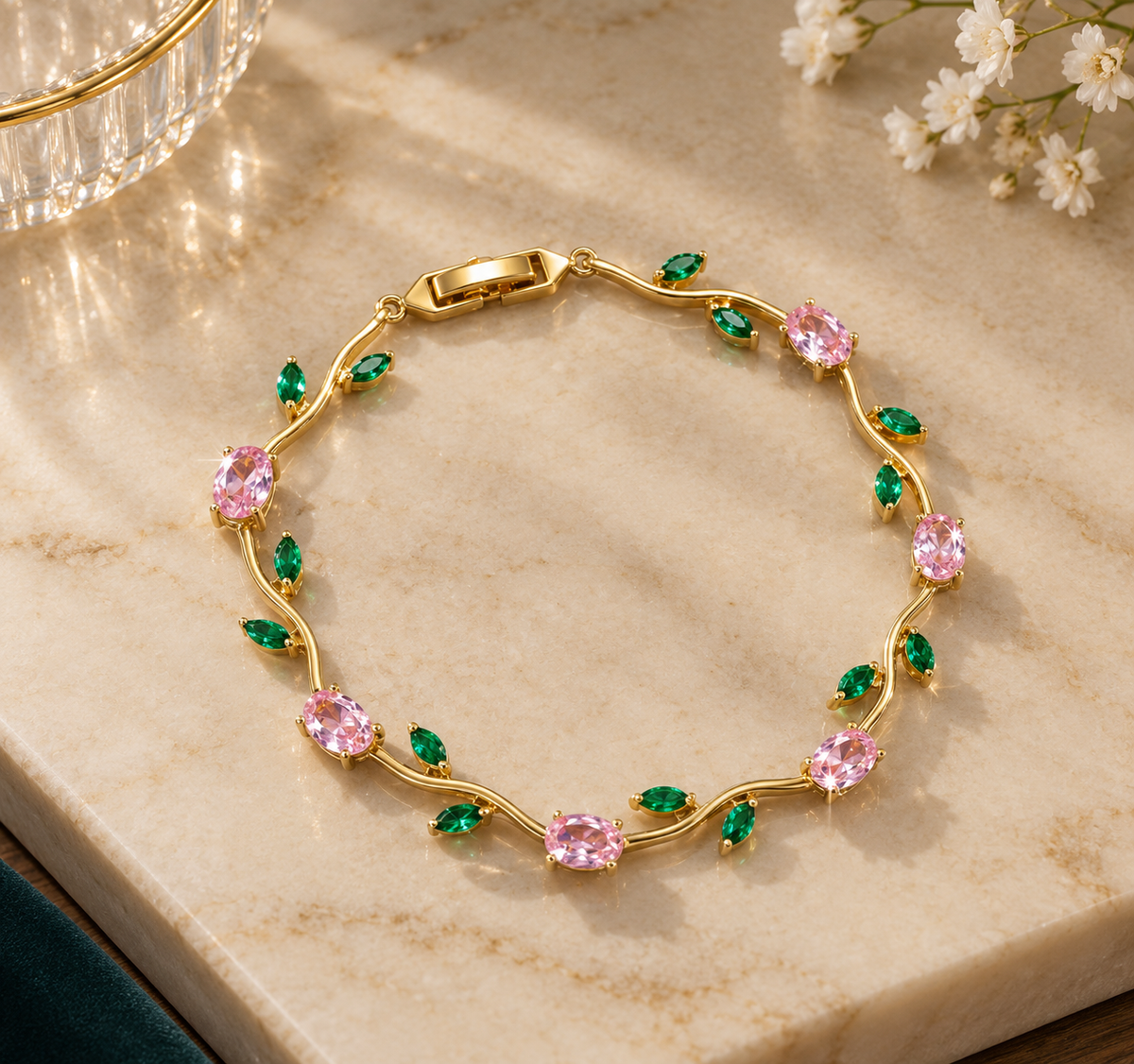 Golden Pink Tulip & Green Leaf Bracelet
