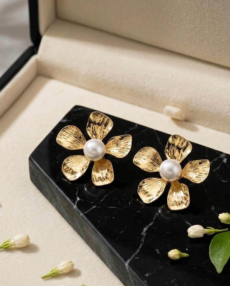 Golden Bloom Pearl Stud Earrings