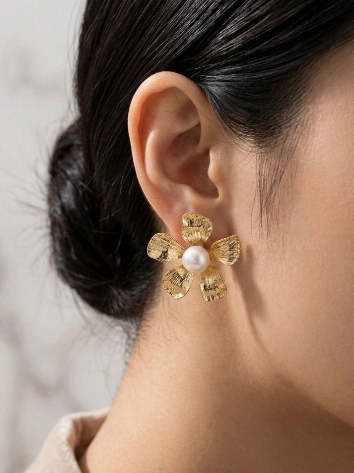 Golden Bloom Pearl Stud Earrings