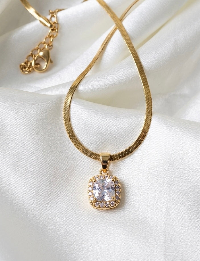 Gold-Plated Square Crystal Pendant Necklace