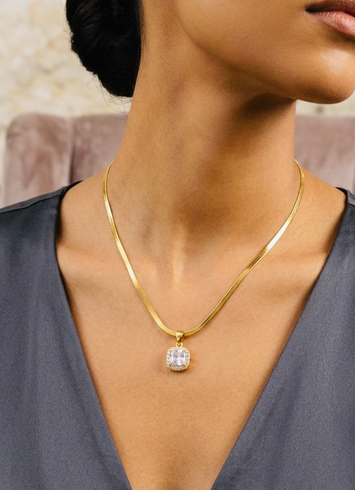 Gold-Plated Square Crystal Pendant Necklace