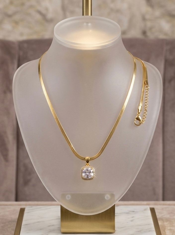 Gold-Plated Square Crystal Pendant Necklace