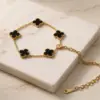 Gold-Tone Black Clover Bracelet for Women | Stainless Steel Charm Bracelet