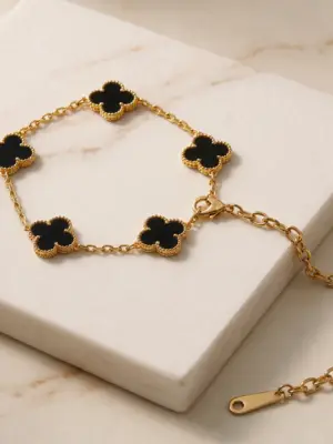 Gold-Tone Black Clover Bracelet for Women | Stainless Steel Charm Bracelet