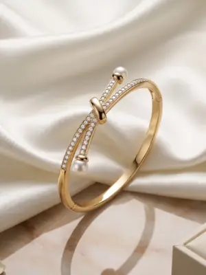 Luxe Gold Knot Bangle with Pearl & Crystal Details