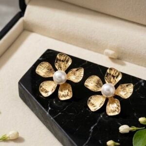 Gold-Plated Floral Pearl Stud Earrings
