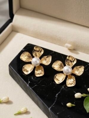Gold-Plated Floral Pearl Stud Earrings