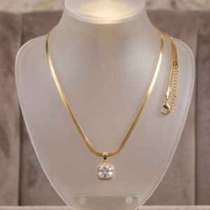 Gold-Plated Square Crystal Pendant Necklace