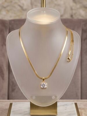 Gold-Plated Square Crystal Pendant Necklace
