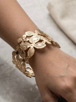 Gold-Plated Floral Butterfly Cuff Bracelet